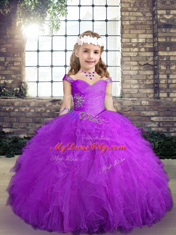 Custom Made Purple Sleeveless Floor Length Beading and Ruffles Lace Up Pageant Gowns