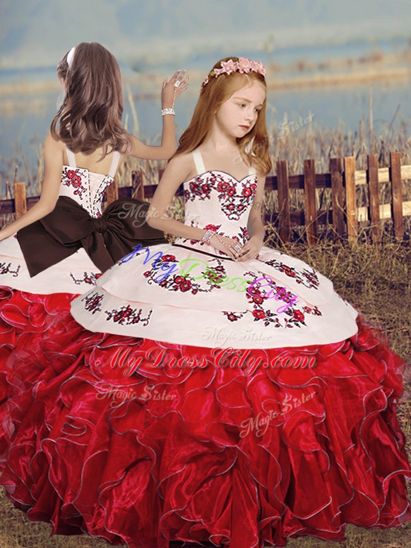 Hot Selling Red Straps Neckline Embroidery and Ruffles Little Girl Pageant Dress Sleeveless Lace Up