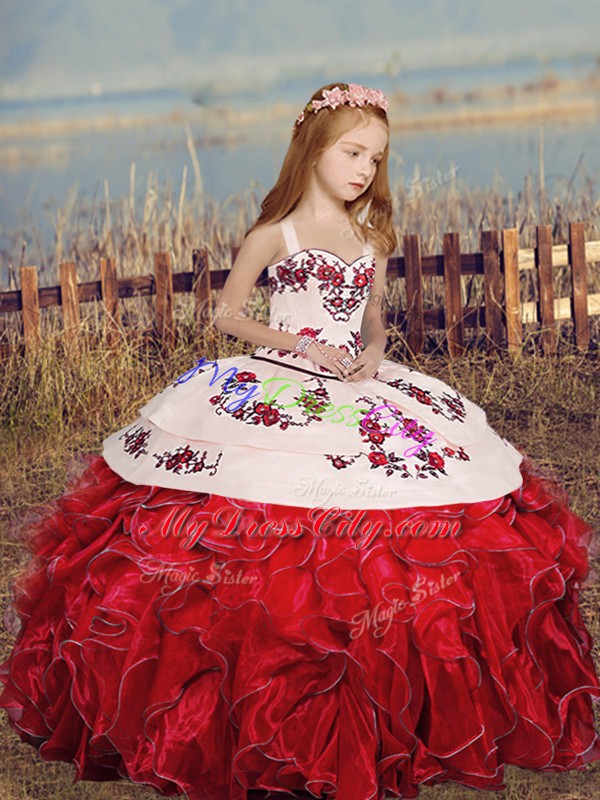 Hot Selling Red Straps Neckline Embroidery and Ruffles Little Girl Pageant Dress Sleeveless Lace Up