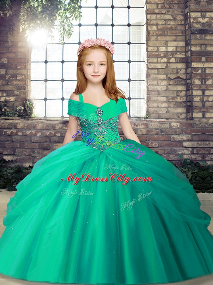 High End Turquoise Sleeveless Beading Floor Length Little Girls Pageant Dress