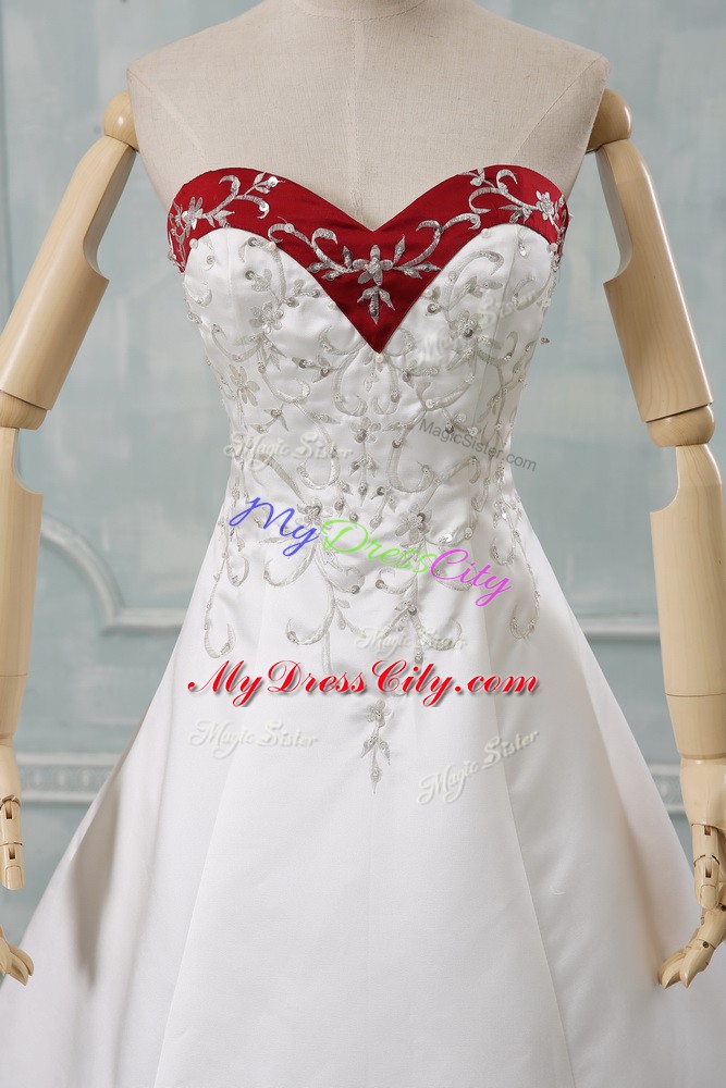 Captivating Satin Sweetheart Sleeveless Brush Train Lace Up Beading and Embroidery Wedding Dresses in White