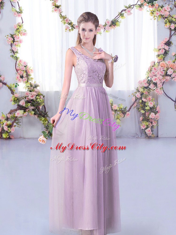 Lavender Empire V-neck Sleeveless Tulle Floor Length Side Zipper Lace and Belt Bridesmaids Dress