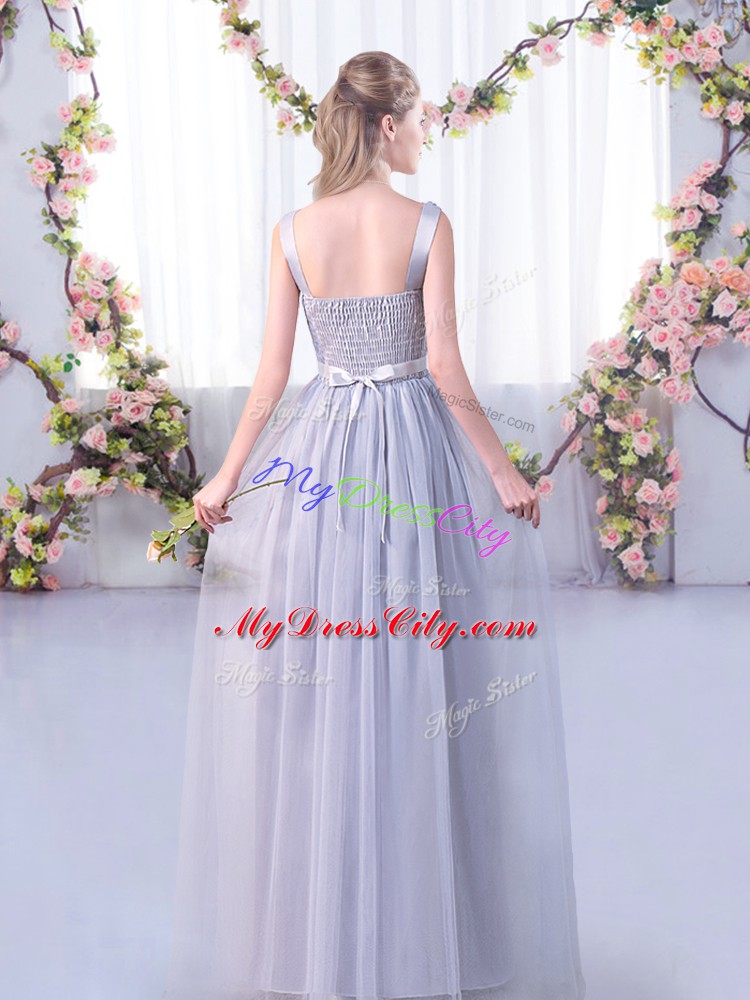 Lavender Empire V-neck Sleeveless Tulle Floor Length Side Zipper Lace and Belt Bridesmaids Dress