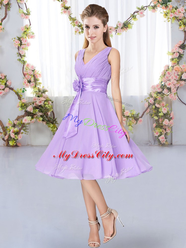 Lavender Lace Up V-neck Hand Made Flower Quinceanera Court Dresses Chiffon Sleeveless