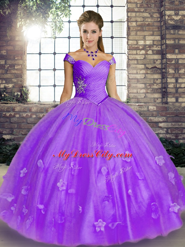 Floor Length Lace Up Vestidos de Quinceanera Lavender for Military Ball and Sweet 16 and Quinceanera with Beading and Appliques