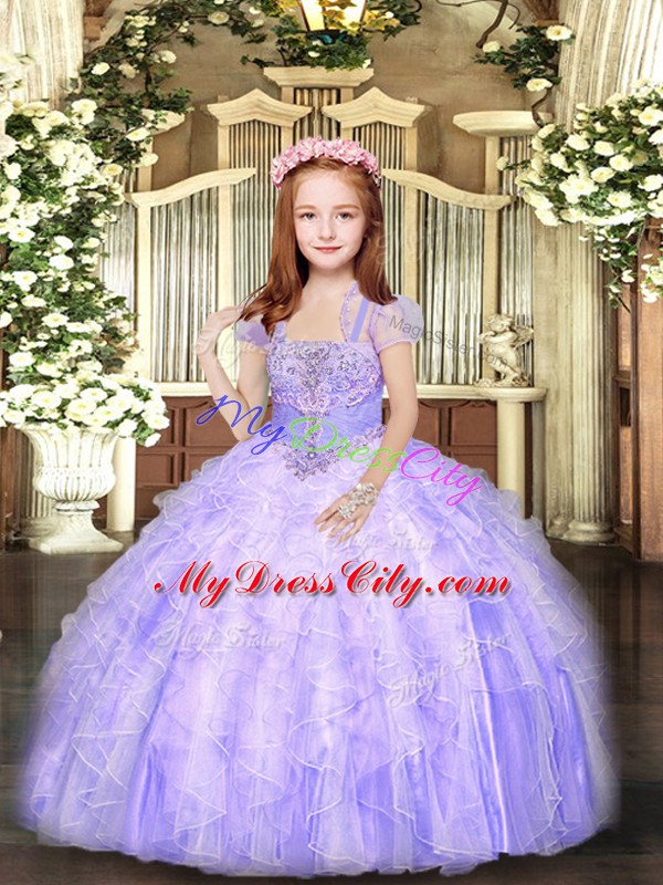 Tulle Sleeveless Floor Length Glitz Pageant Dress and Beading and Ruffles