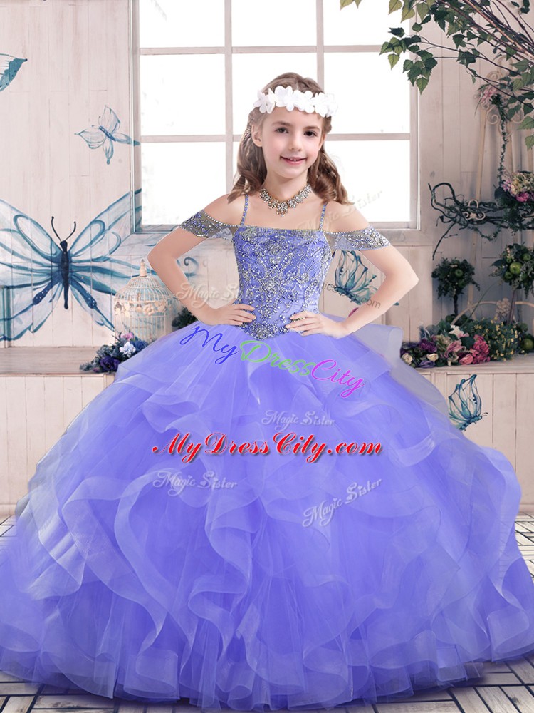 Tulle Sleeveless Floor Length Little Girl Pageant Gowns and Beading and Ruffles