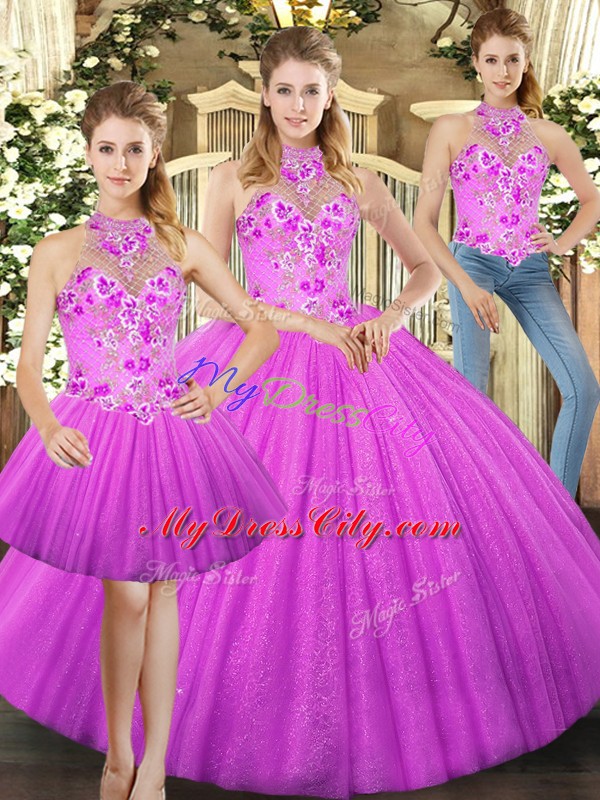 Lilac Lace Up Halter Top Embroidery Quinceanera Gowns Tulle Sleeveless