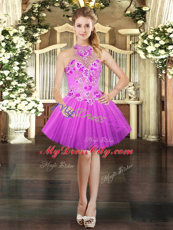 Lilac Lace Up Halter Top Embroidery Quinceanera Gowns Tulle Sleeveless