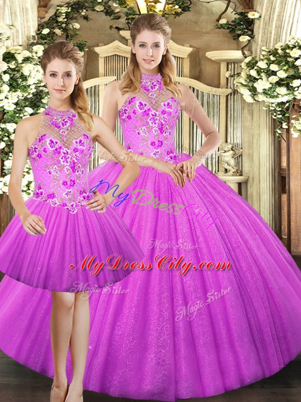 Lilac Lace Up Halter Top Embroidery Quinceanera Gowns Tulle Sleeveless