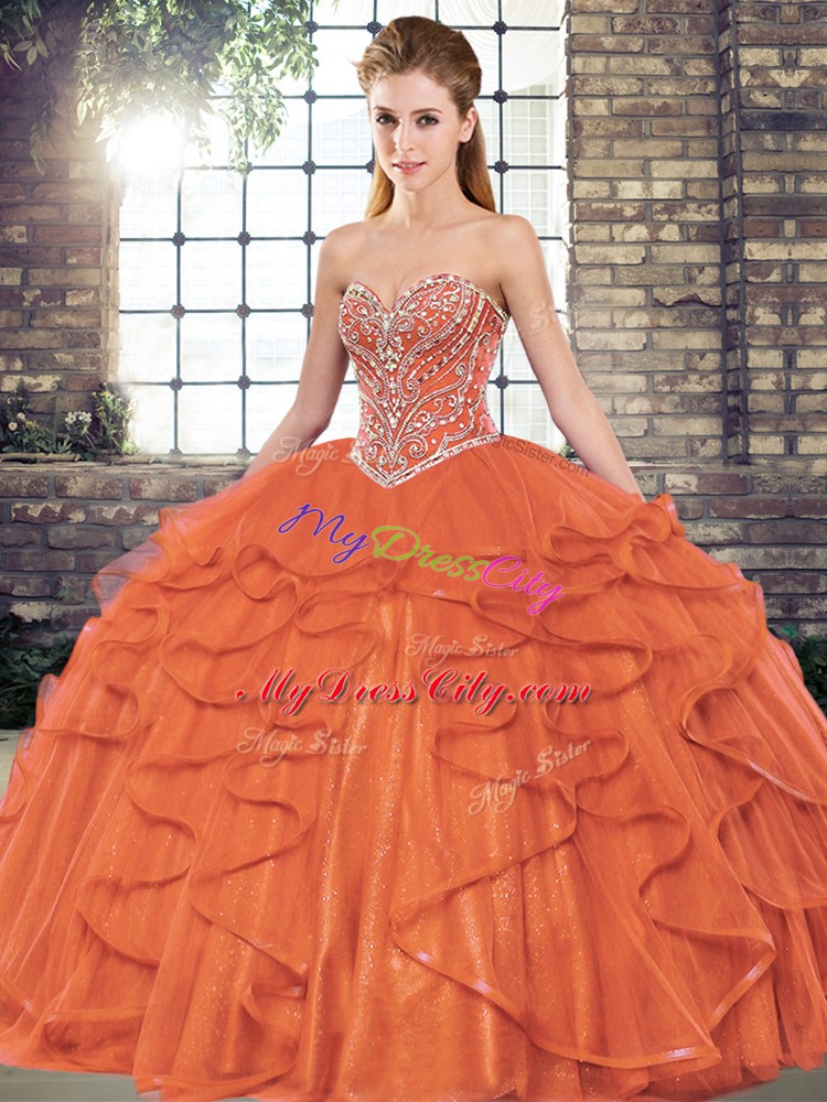 Custom Fit Rust Red Sweetheart Lace Up Beading and Ruffles Quinceanera Dress Sleeveless