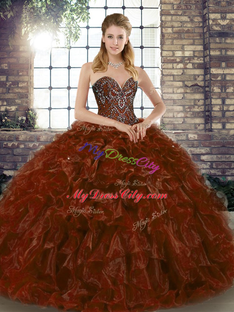 High Quality Organza Sweetheart Sleeveless Lace Up Beading and Ruffles Quinceanera Gown in Brown