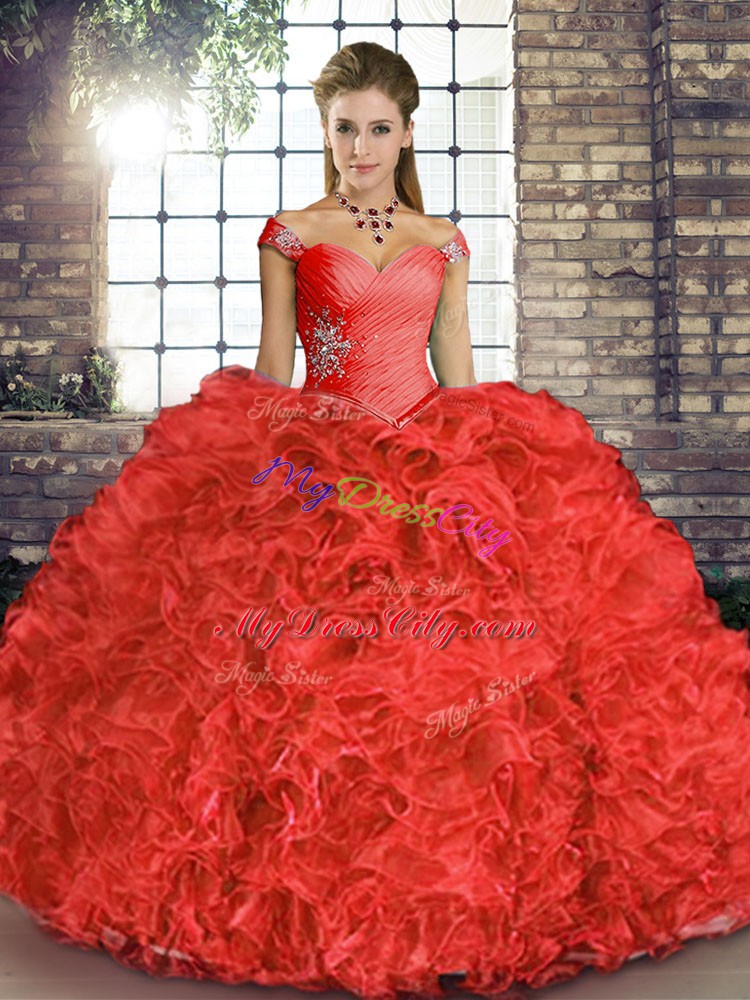 Coral Red Ball Gowns Organza Off The Shoulder Sleeveless Beading and Ruffles Floor Length Lace Up 15th Birthday Dress