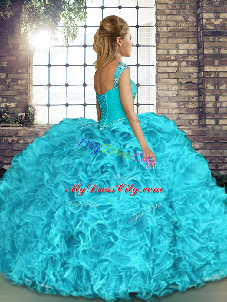 Coral Red Ball Gowns Organza Off The Shoulder Sleeveless Beading and Ruffles Floor Length Lace Up 15th Birthday Dress