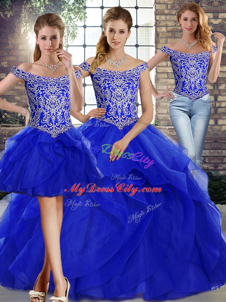 Royal Blue Quinceanera Dress Military Ball and Sweet 16 and Quinceanera with Beading and Ruffles Off The Shoulder Sleeveless Brush Train Lace Up