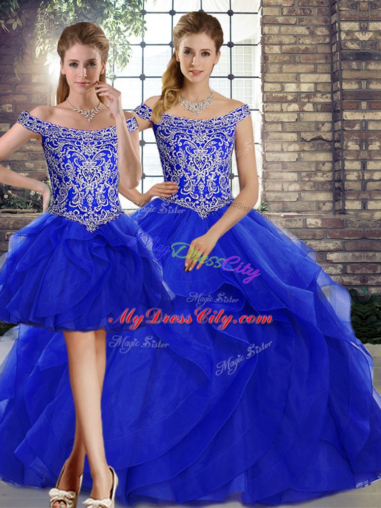 Royal Blue Quinceanera Dress Military Ball and Sweet 16 and Quinceanera with Beading and Ruffles Off The Shoulder Sleeveless Brush Train Lace Up