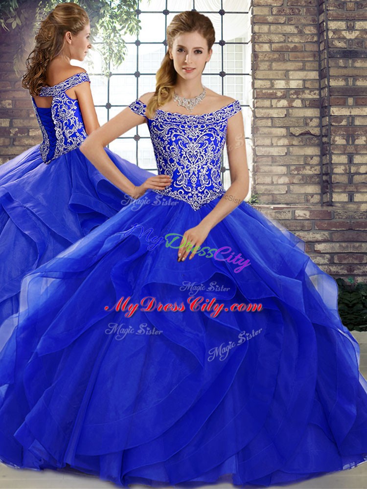 Royal Blue Quinceanera Dress Military Ball and Sweet 16 and Quinceanera with Beading and Ruffles Off The Shoulder Sleeveless Brush Train Lace Up