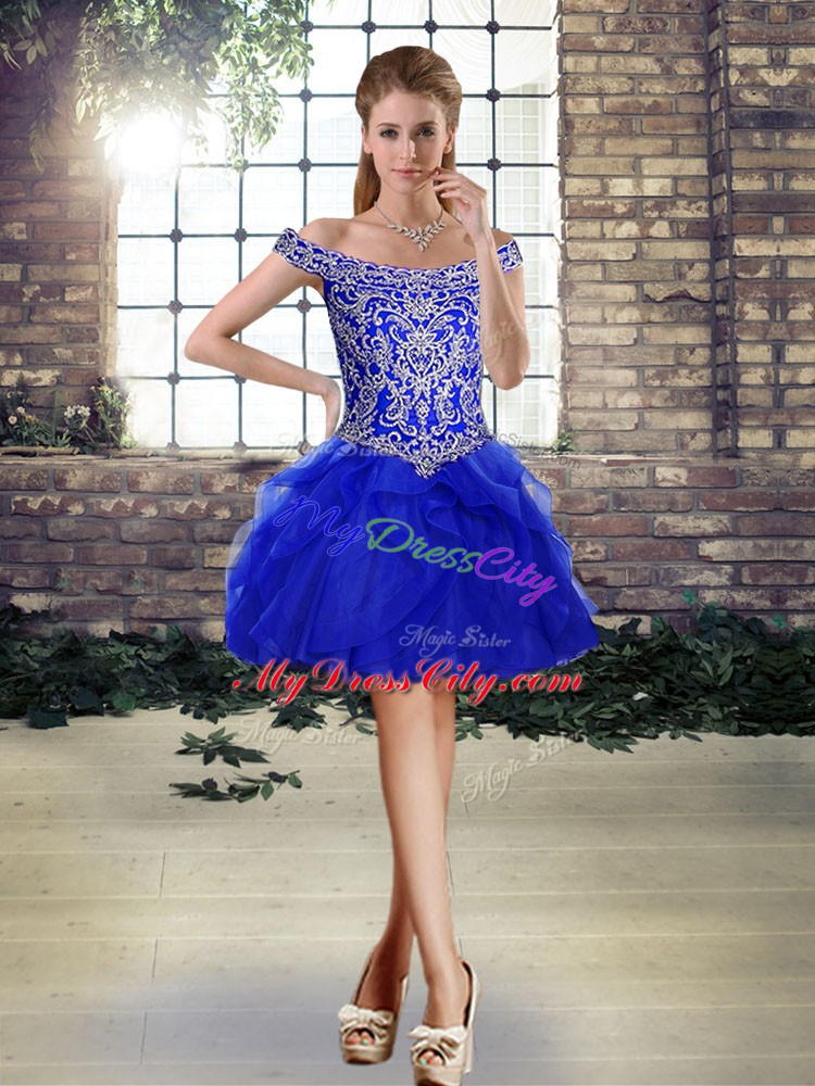 Royal Blue Quinceanera Dress Military Ball and Sweet 16 and Quinceanera with Beading and Ruffles Off The Shoulder Sleeveless Brush Train Lace Up