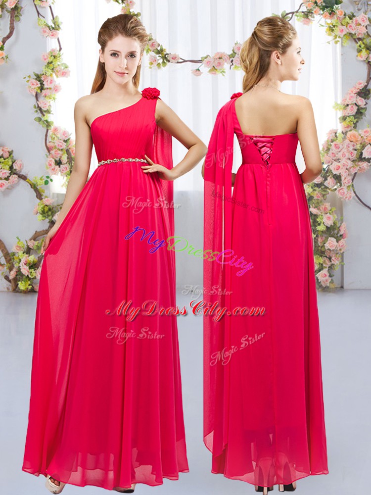 Attractive Floor Length Lace Up Bridesmaid Dresses Red for Wedding Party with Beading and Hand Made Flower