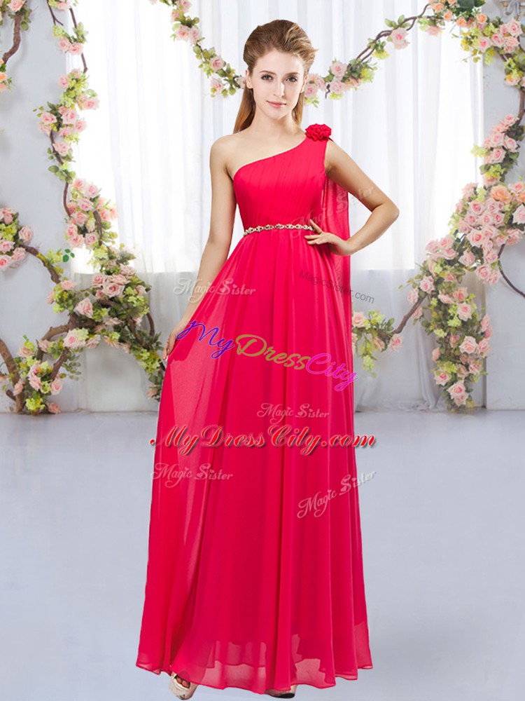 Attractive Floor Length Lace Up Bridesmaid Dresses Red for Wedding Party with Beading and Hand Made Flower