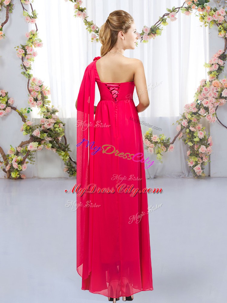 Attractive Floor Length Lace Up Bridesmaid Dresses Red for Wedding Party with Beading and Hand Made Flower