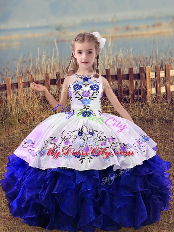 Royal Blue Lace Up Scoop Embroidery and Ruffles Winning Pageant Gowns Organza Sleeveless