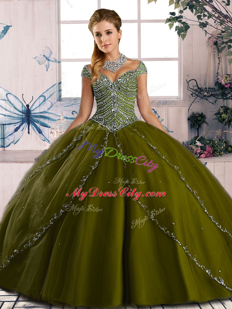 Olive Green Organza Lace Up Sweetheart Cap Sleeves Vestidos de Quinceanera Brush Train Beading