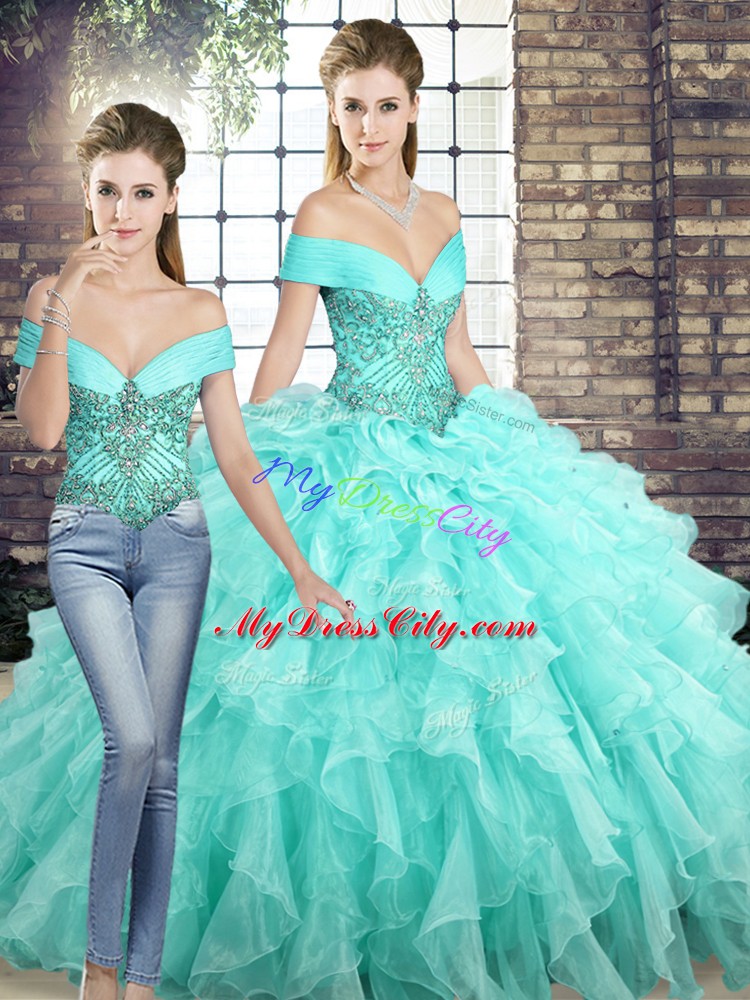 Off The Shoulder Sleeveless Brush Train Lace Up Vestidos de Quinceanera Aqua Blue Organza