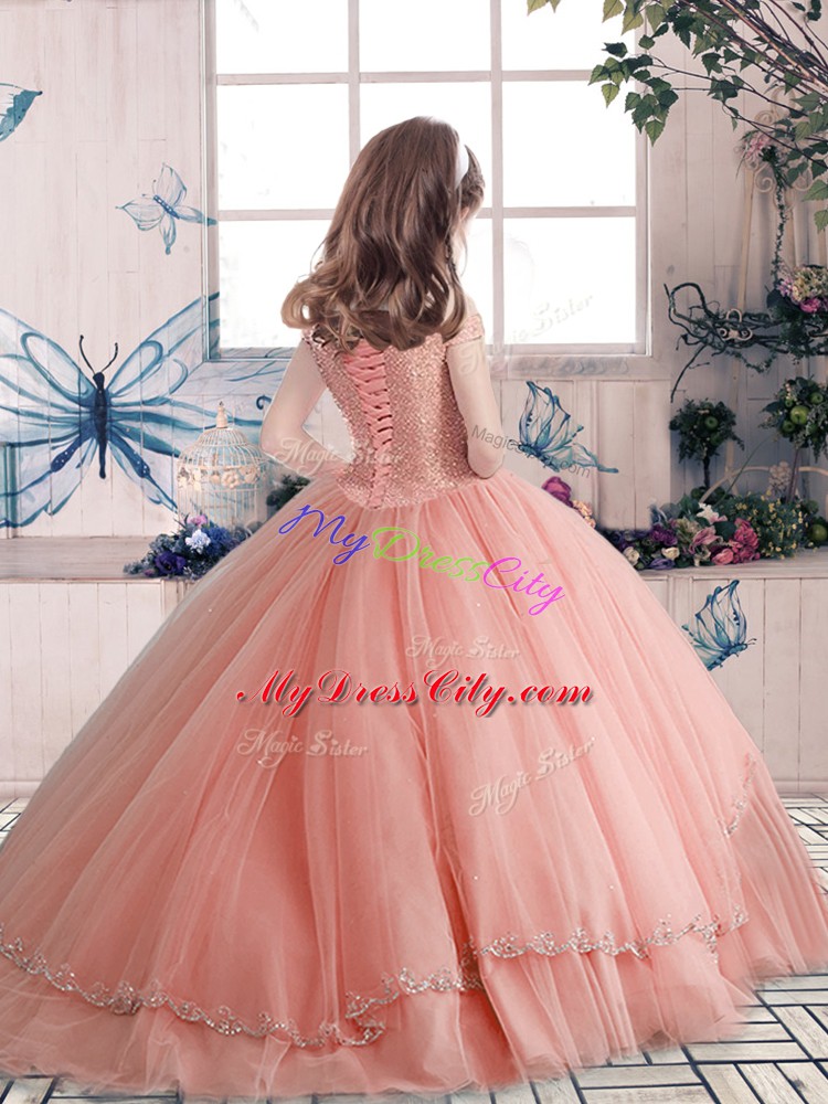 Peach Tulle Lace Up Pageant Dress for Girls Sleeveless Floor Length Beading