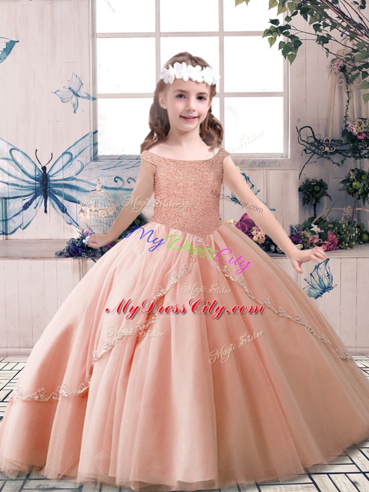 Peach Tulle Lace Up Pageant Dress for Girls Sleeveless Floor Length Beading