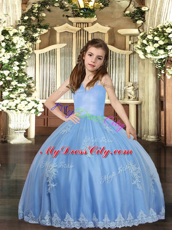 Latest Straps Sleeveless Lace Up Pageant Dress for Girls Baby Blue Tulle