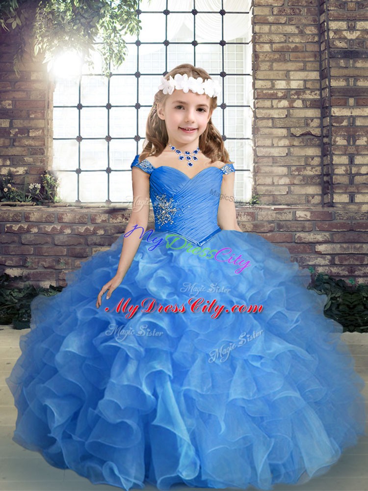 Floor Length Ball Gowns Sleeveless Blue Little Girl Pageant Gowns Lace Up