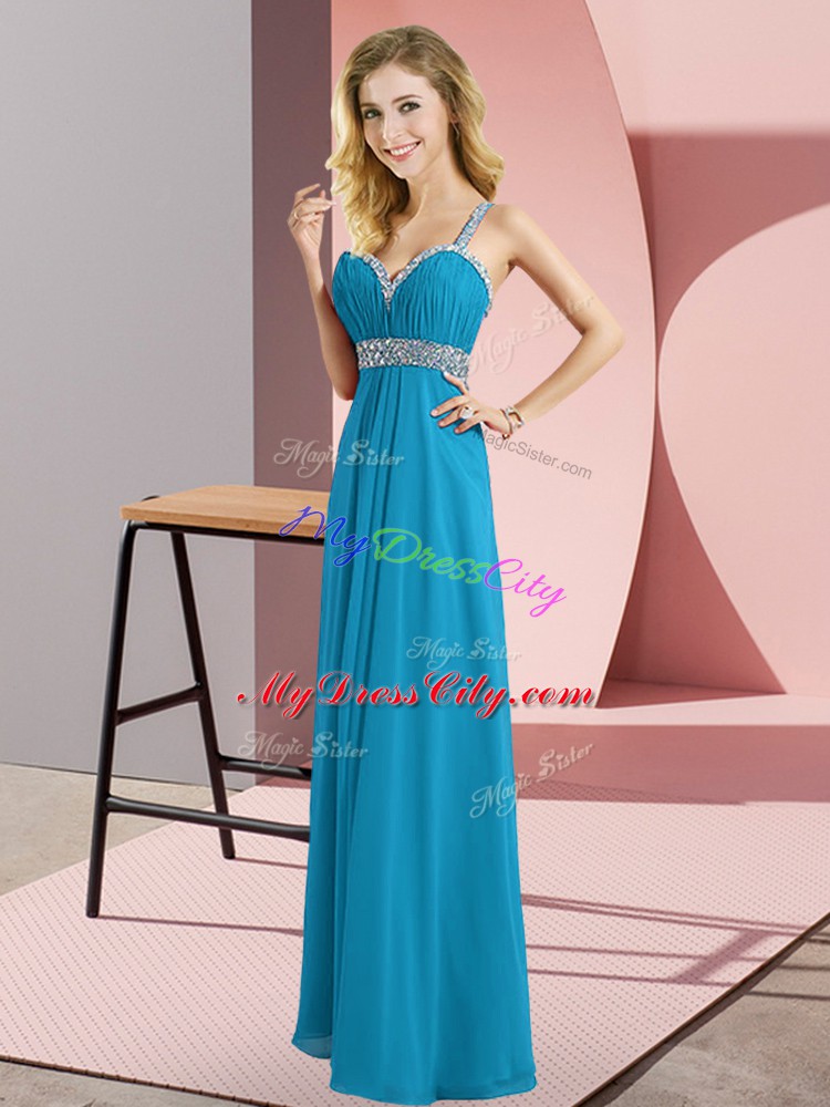 Modest Floor Length Blue Evening Dress Chiffon Sleeveless Beading