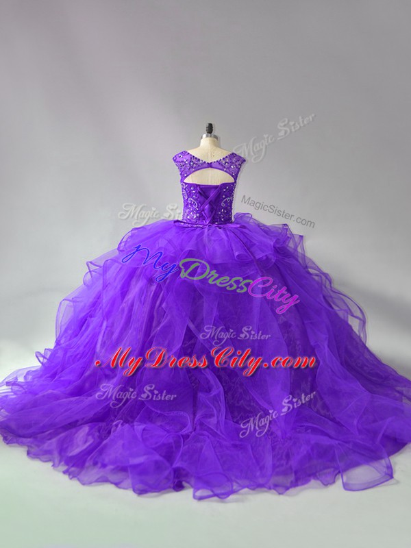 Sleeveless Organza Brush Train Lace Up Quinceanera Dress in Purple with Beading and Ruffles