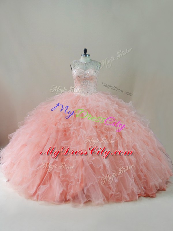 Enchanting Peach Tulle Lace Up Sweet 16 Quinceanera Dress Sleeveless Floor Length Beading and Ruffles