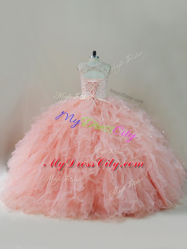 Enchanting Peach Tulle Lace Up Sweet 16 Quinceanera Dress Sleeveless Floor Length Beading and Ruffles