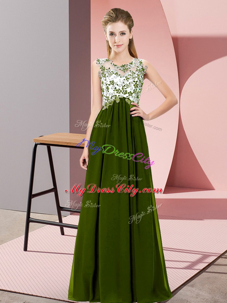 Fashionable Olive Green Sleeveless Beading and Appliques Floor Length Bridesmaids Dress