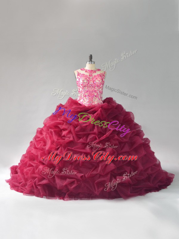 Customized Burgundy Sleeveless Beading and Pick Ups Lace Up Quinceanera Dress