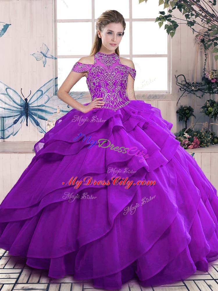 Chic Floor Length Purple Sweet 16 Dress Organza Sleeveless Beading and Ruffles