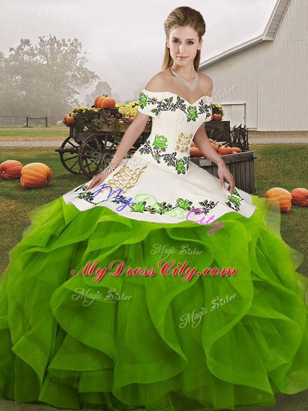 Dynamic Sleeveless Floor Length Embroidery and Ruffles Lace Up Quince Ball Gowns with Green