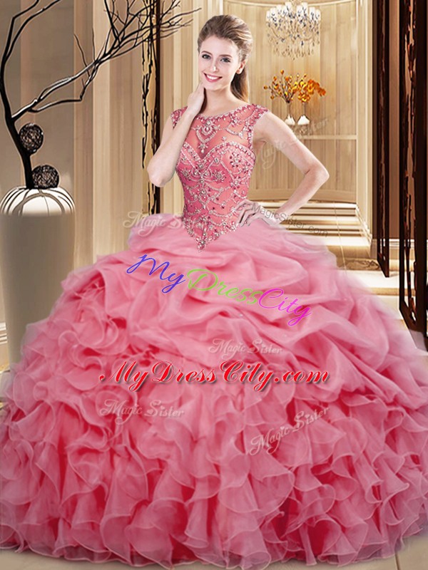 Sleeveless Organza Floor Length Lace Up Quinceanera Gowns in Pink with Beading and Ruffles and Pick Ups