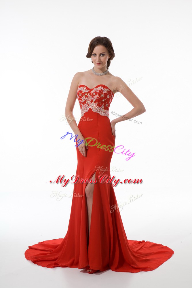 Red Sweetheart Zipper Beading and Appliques Evening Dress Brush Train Sleeveless