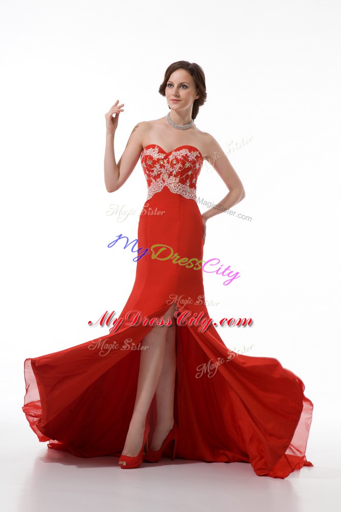 Red Sweetheart Zipper Beading and Appliques Evening Dress Brush Train Sleeveless