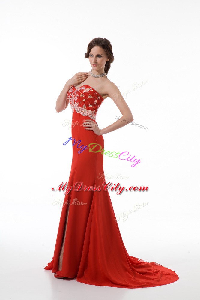 Red Sweetheart Zipper Beading and Appliques Evening Dress Brush Train Sleeveless