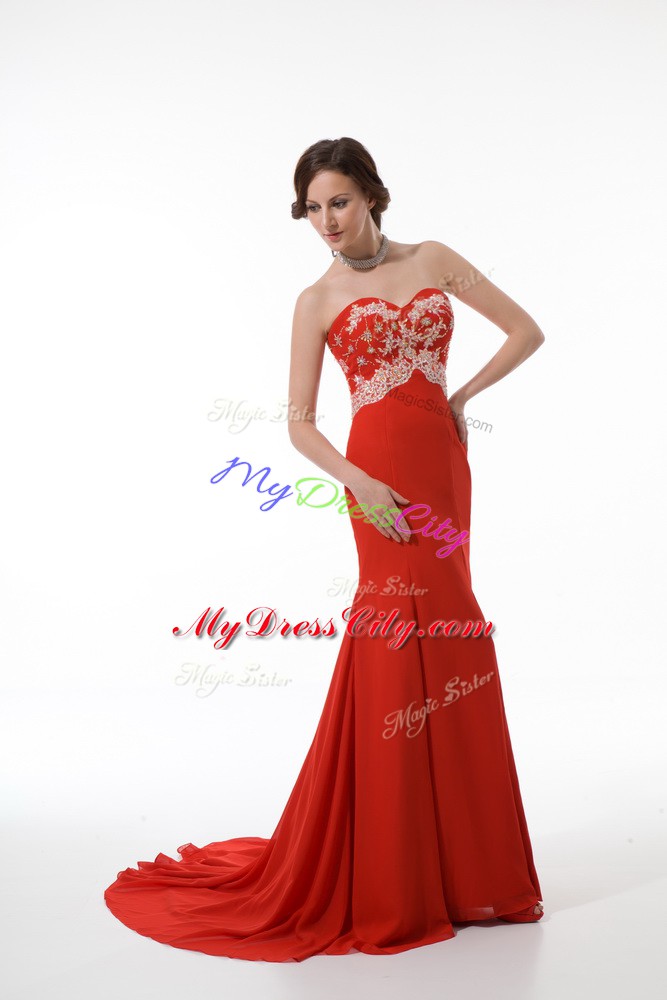 Red Sweetheart Zipper Beading and Appliques Evening Dress Brush Train Sleeveless