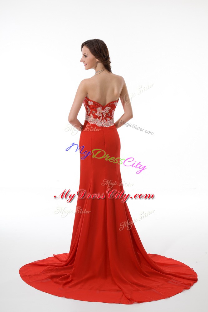 Red Sweetheart Zipper Beading and Appliques Evening Dress Brush Train Sleeveless