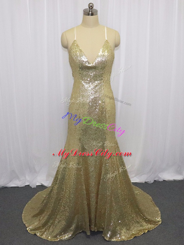 Most Popular Spaghetti Straps Sleeveless Sequined Formal Evening Gowns Sequins Brush Train Criss Cross