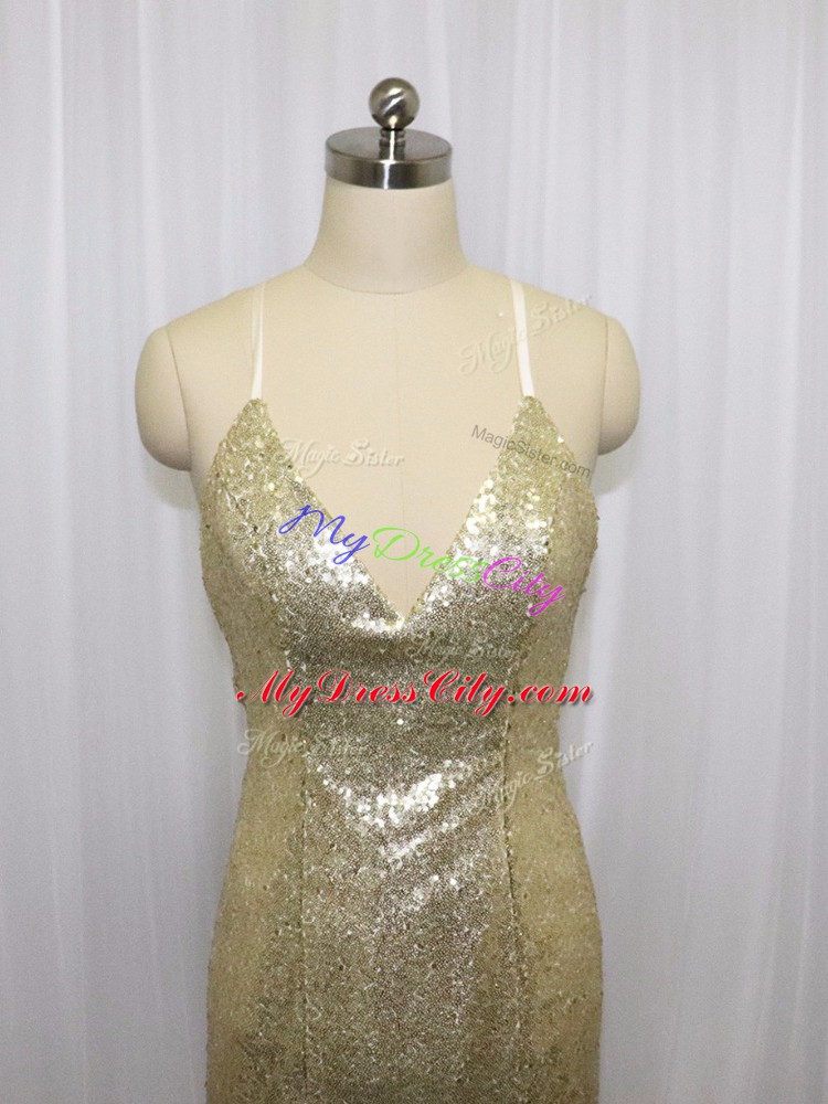 Most Popular Spaghetti Straps Sleeveless Sequined Formal Evening Gowns Sequins Brush Train Criss Cross