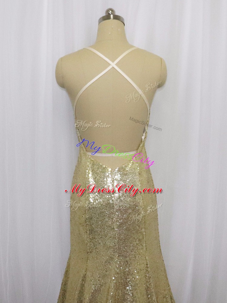 Most Popular Spaghetti Straps Sleeveless Sequined Formal Evening Gowns Sequins Brush Train Criss Cross