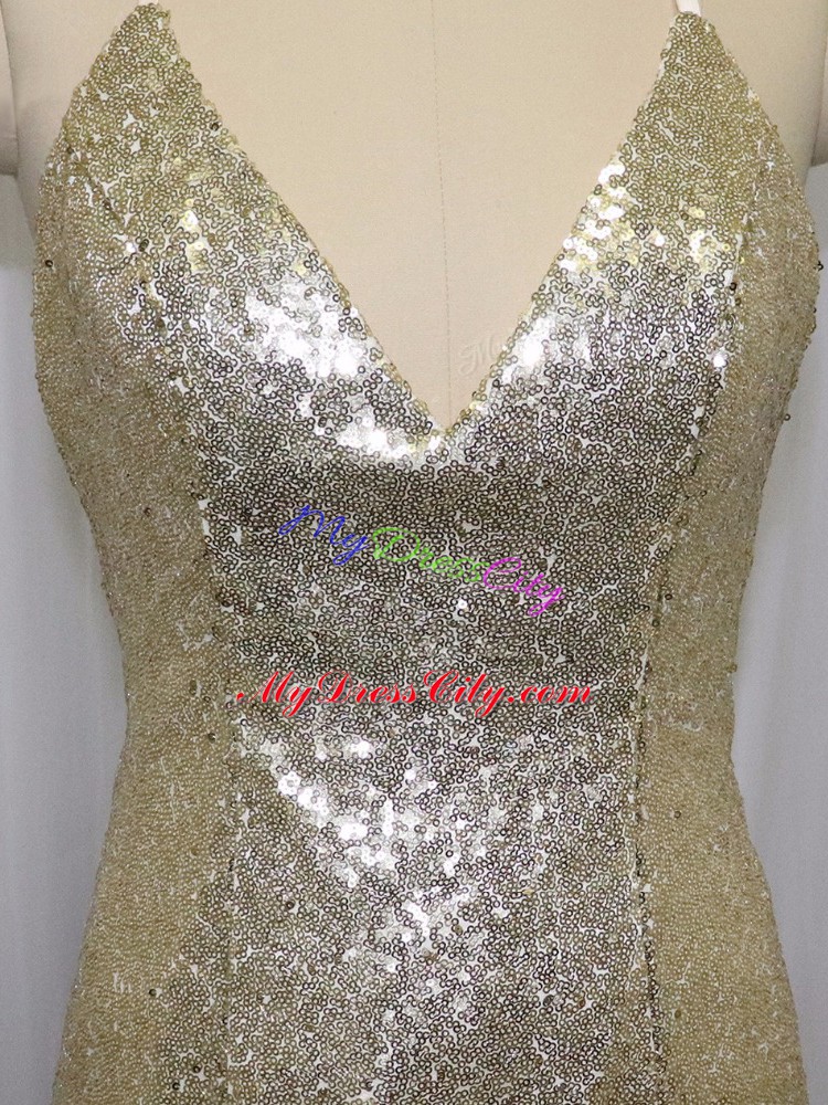 Most Popular Spaghetti Straps Sleeveless Sequined Formal Evening Gowns Sequins Brush Train Criss Cross